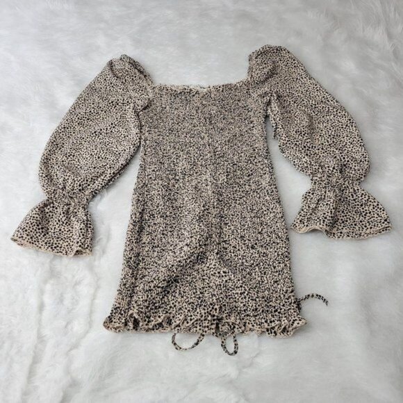 O. Vianca Animal Print Ruffled Smocked Cinched Side Long Sleeve Mini Dress Small - Picture 2 of 12